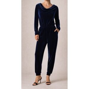 Vintage Navy Blue Velvet Cowl Neck Jumpsuit Elastic Waist Tapered Leg Pockets